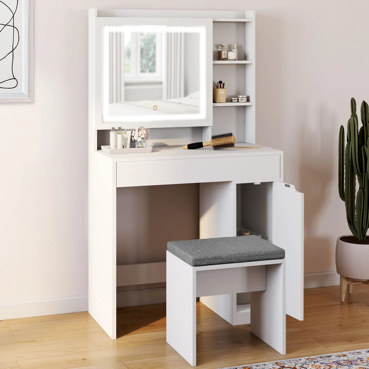 Coiffeuse ZELIA blanche avec miroir LED et caisson de rangement pour chambre - 2