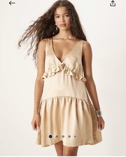 ASOS DESIGN Beige Satin V-Neck Ruffle Sleeveless Lined Mini Dress US 4