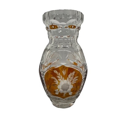 Vintage Julia Poland Lead Crystal Amber Cut To Clear Hand Cut Etched Vase 5.5 