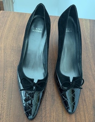 Stuart Weitzman Women s Black Patent Suede Bow Pointed Toe Pumps US 9.5 M