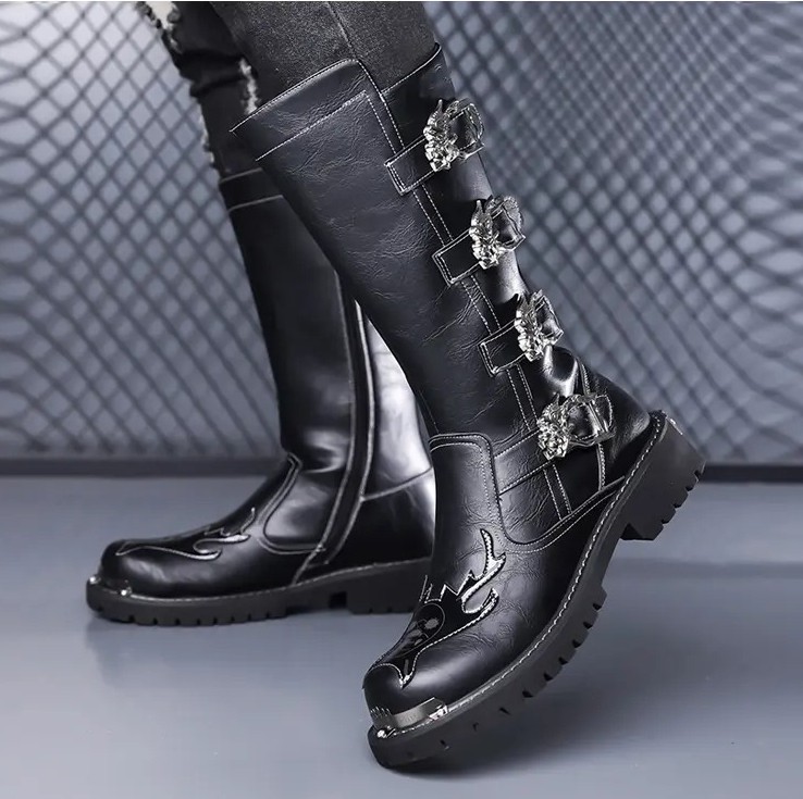 Punk Gothic Mens Large Size Leather Boots High Top Snow Knight