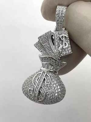 2.60Ctw Round Cut Real Moissanite Dollar Money Bag Pendant 14K White Gold Plated
