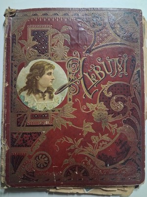1870s-90s SCRAPBOOK Victorian Ornate Binding 11''×15'' MANY cards Ephemera 19 Pgs