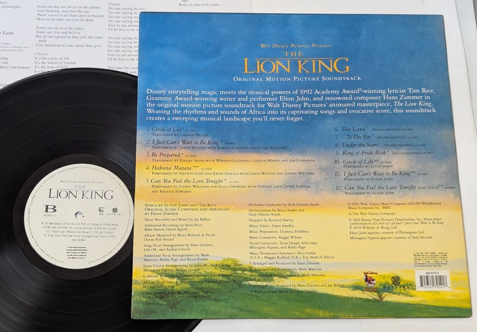 The Lion King Soundtrack BRAZIL 1st press LP 1995 Disney Elton John Hans Zimmer - Image 2 of 2