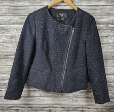 Ann Taylor Petite Women's Size 12P Navy Blue Tweed Moto Style Blazer Jacket