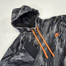 Nike Hoodie Sweatshirt Mens Large Gray Camo Fleece Pullover Orange Swoosh Logo