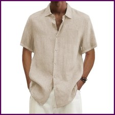 Men's Cotton Linen Short-Sleeved Shirt Summer Solid Color Turn-Down Collar Beach