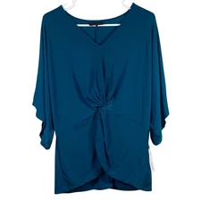 Bold Elements Blouse Women's Large Teal V-Neck Short Sleeve Crisscross Medieval