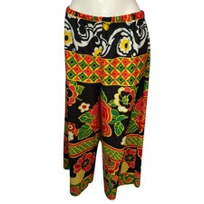 Vtg 70s Palazzo Pants Polyester Hippie Vibrant Floral Pull On Size Large Womens