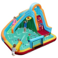 Inflatable Water Slide Park, 6-in-1 Giant Bounce House w/Long Slide, Splash Pool