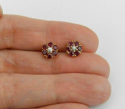 Women's 2Ct Round Simulated Red Ruby Flower Stud Earrings 14k Yellow Gold Plated