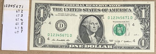D 12345671 D : Near Perfect Ascending Ladder FRN $1 One Dollar Bill UNCIRCULATED - Picture 1 of 2