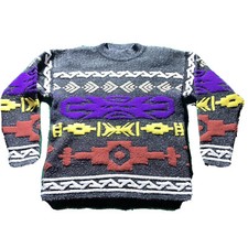 KEREN Sweater MED  Acrylic Blend Aztec Design Soft 3D Pads USA Gray 80s Vtg