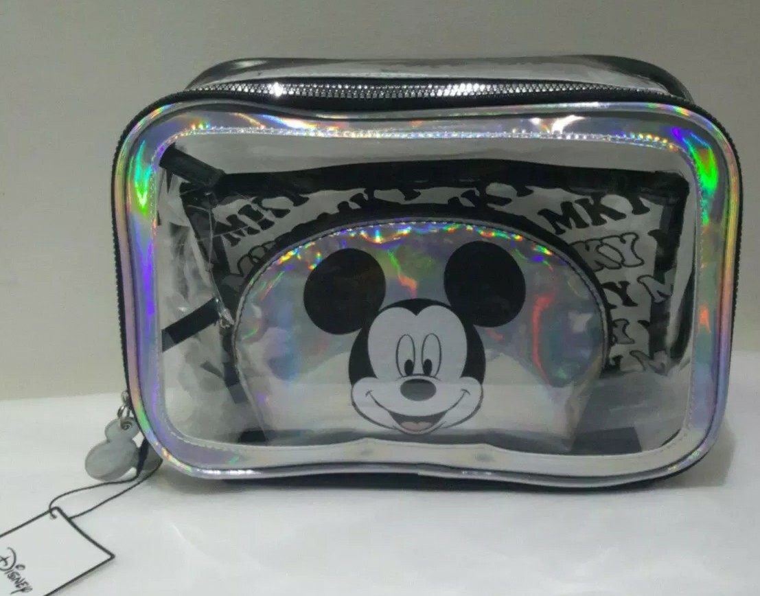 New Disney Mickey Mouse Hallographic Vanity Case Set/3pack In One Bag Ladies