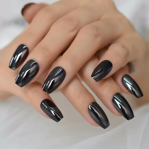 Gunmetal Gray Chrome Mirror Medium Coffin Press On Nails Fake False 24 Set - Picture 3 of 5