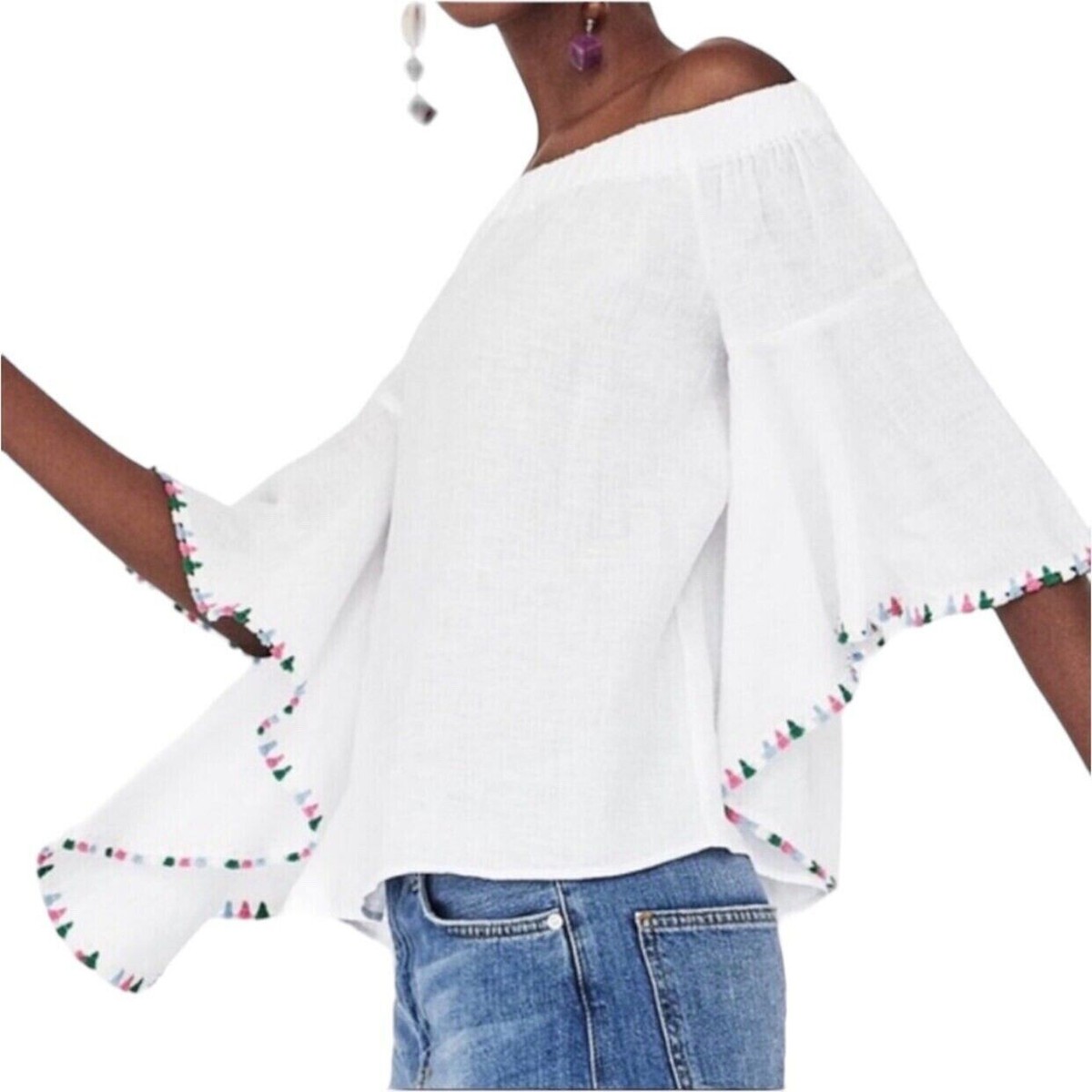 トップス Zarab Zara White Linen Top S Off The Shoulder Tunic Flutter Sleeve