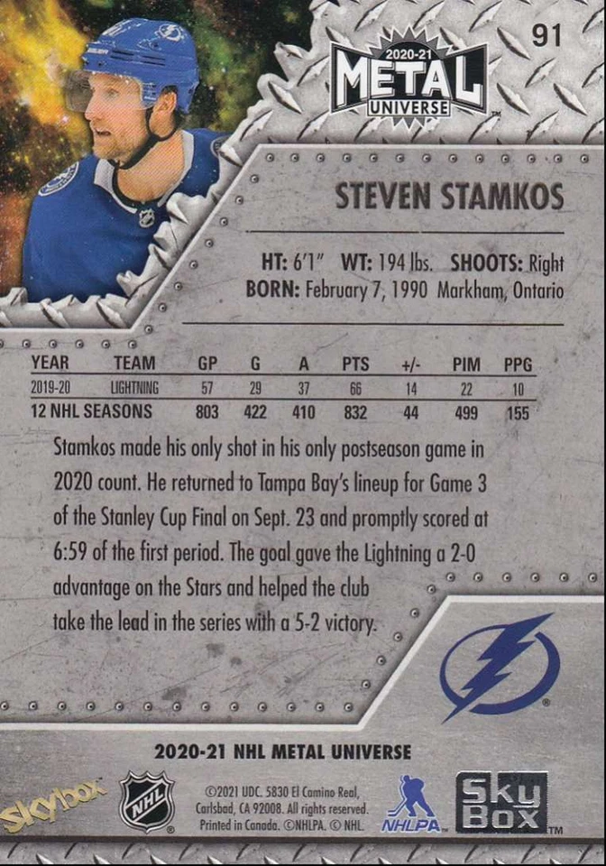 2020-21 Skybox Metal Universe Hockey Steven Stamkos Tampa Bay Lightning #91 - Image 2 of 2