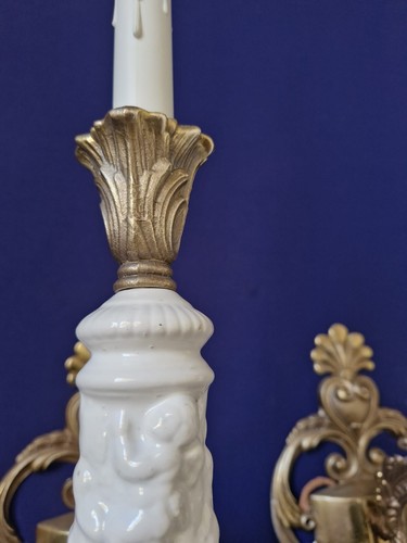 Antique French Brass Ceramic Single Bulb Wall Lamp - Picture 11 of 16