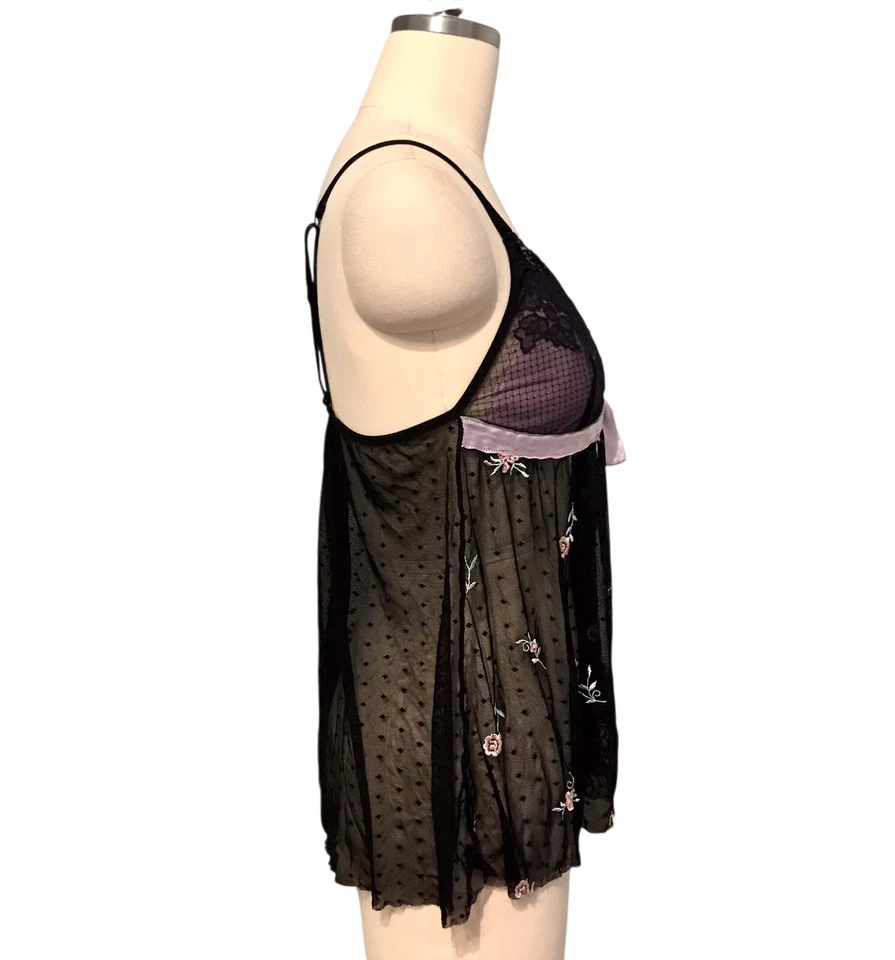 Y2K Rampage Lace Babydoll Cami Top Coquette Fairy Grunge Bow Sheer Sz L - Image 3 of 4