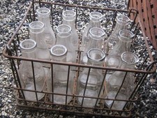 Vtg Rustic Rusty Dairy Milk Wire Crate 12 mostly unmarked Quart milk bottles