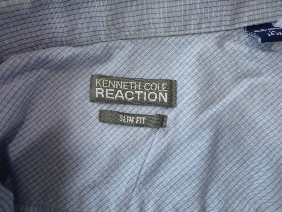 Camisa social Kenneth Cole Reaction Checks azul manga longa tamanho 16 (34-35) - Imagem 3 de 4