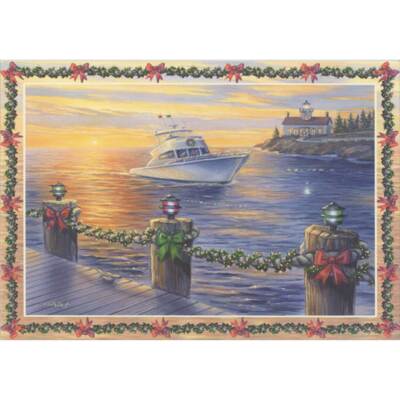 Yacht Entering Harbor Decorated Dock 15 Nautical  Holiday / Christmas Cards