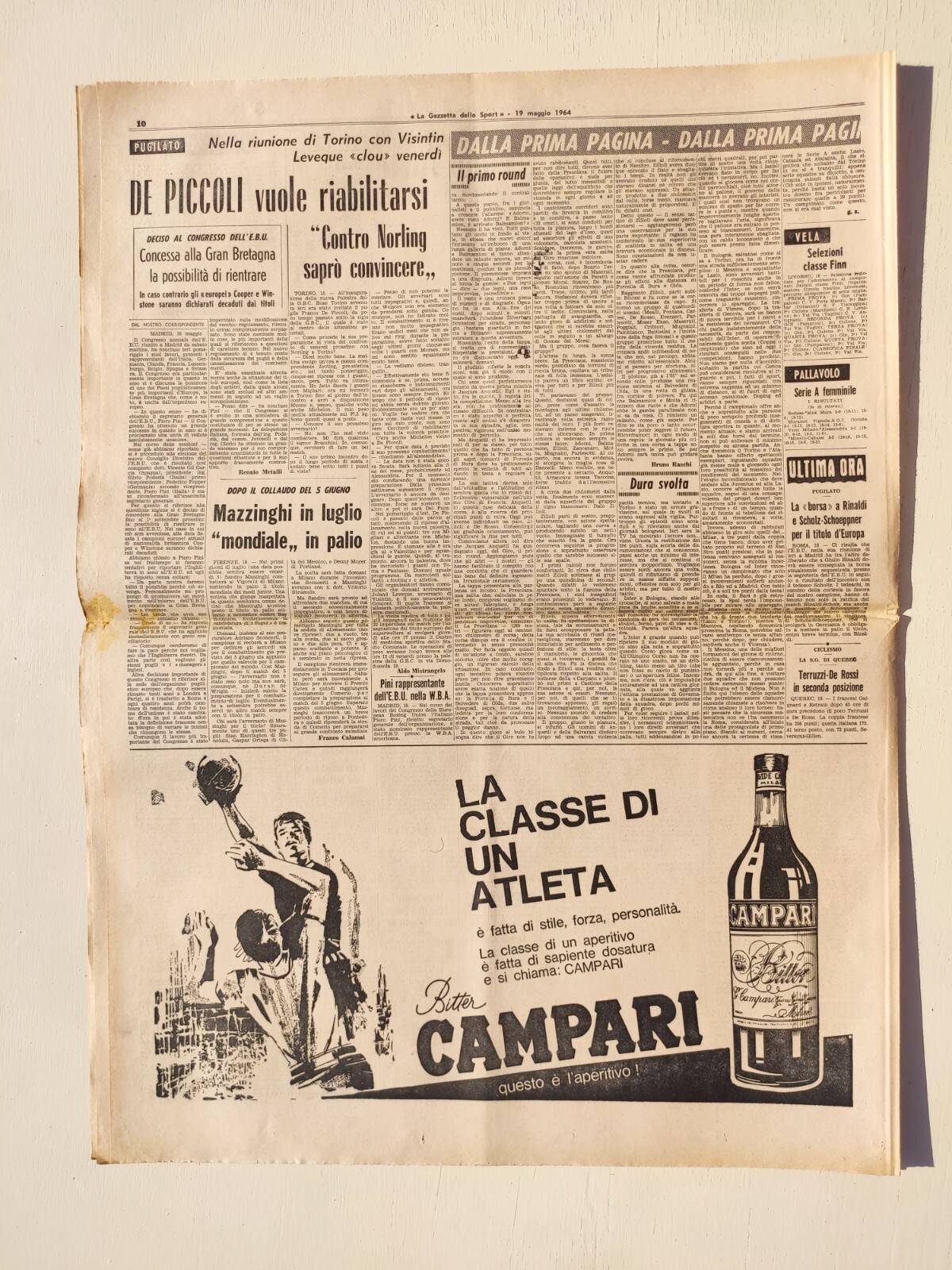 GAZETTA DELLO SPORT 19 MAY 1964 BITOSSI ENZO MOSER - CAMPARI ADVERTISING