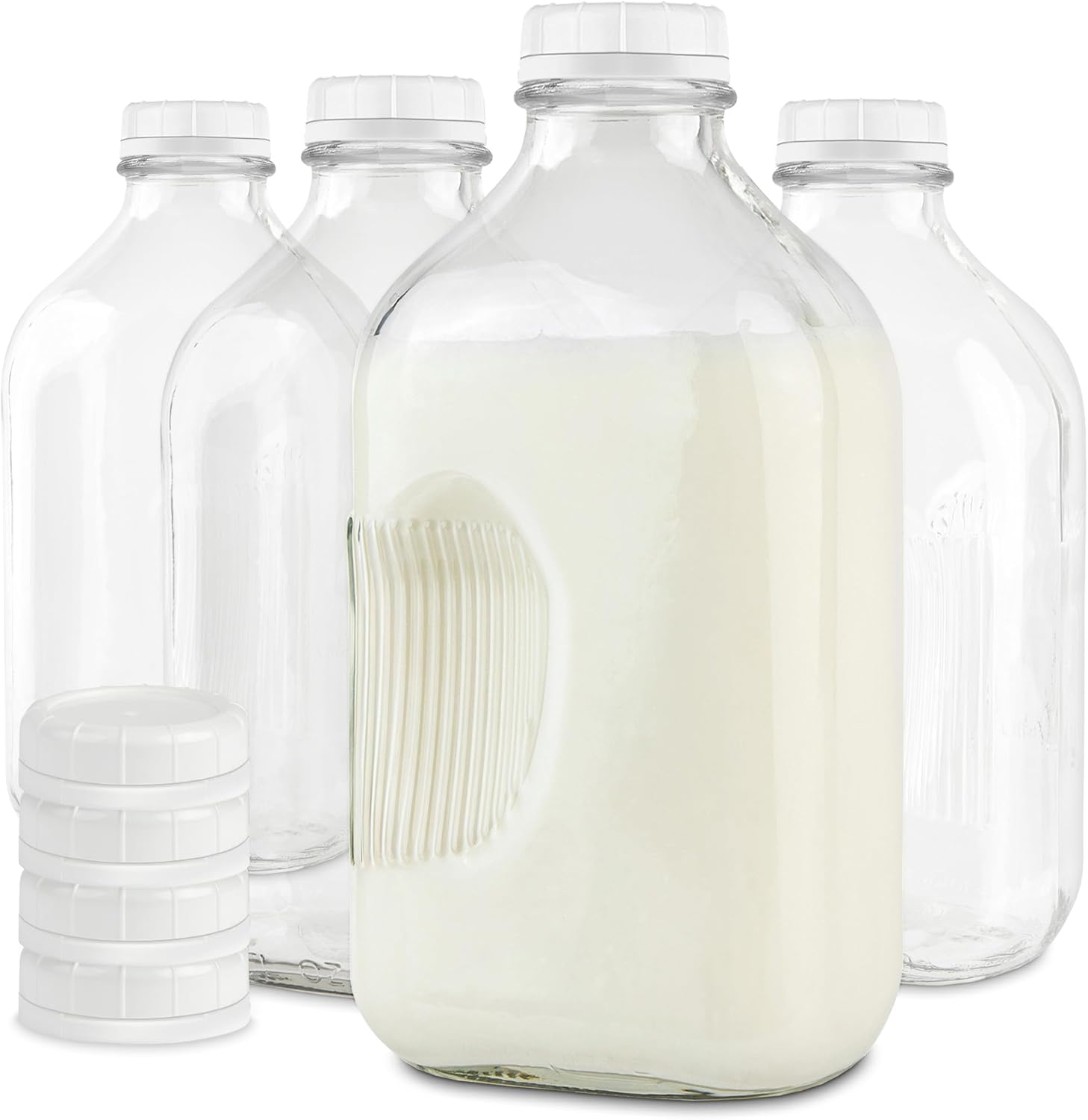 Half Gallon Glass Milk Bottles with Lids 4 Pack 64 Oz Jugs 8 White Caps Reusable