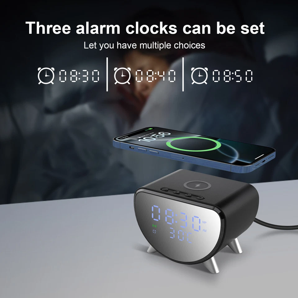 15W Wireless Charger Dock Stand With Alarm Clock Temperature For iPhone Samsung - Image 3 of 4