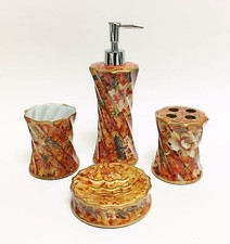 4 PC SET BURNT ORANGE,BROWN FLORAL SWIRL TEXTURE CERAMIC SOAP DISPENSER+DISH+2