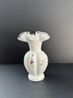 VTG Milk Glass Ruffled Clear Glass Edge Vase Hand Painted Purple Florals Signed