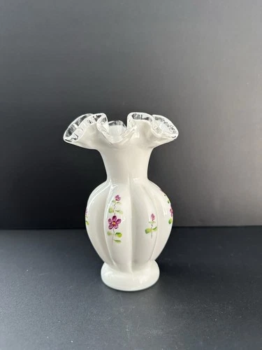 VTG Milk Glass Ruffled Clear Glass Edge Vase Hand Painted Purple Florals Signed
