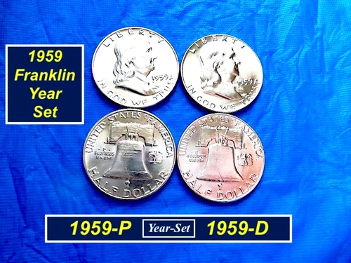 "1959-P & D Year-Set"  ➫ GEM "BU" Silver Franklins ➫ Lustrous ➫ 2 Coins ➫159ys