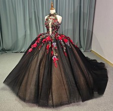 Customized Black shiny chiffon Quinceanera Dresse Shiny Bead 3D Floral patterns 
