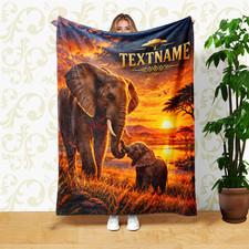Elephant Mother and Baby Savanna Sunset Coral Fleece Blanket Couch Decor