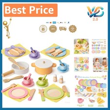 Wooden 34-Piece Play Kitchen Set for Kids   Pretend Cooking Accessories for 3...