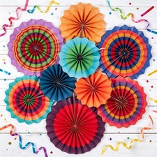 9 PCS Colorful Mexican Fiesta Hanging Paper Fans Cinco De Mayo Party Decor