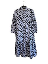 ZARA Size Medium Blue Black Zebra Print Button Up Midi Shirt Dress Travel Preppy