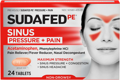 PE Sinus Pressure + Pain Relief Tablets, Maximum Strength, Non-Drowsy, OTC Sinus