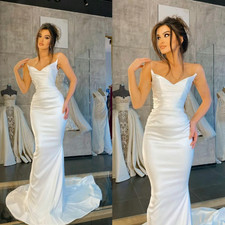 Simple Silk Satin Wedding Dresse V Neck Mermaid Backless Bridal Gowns Sweep