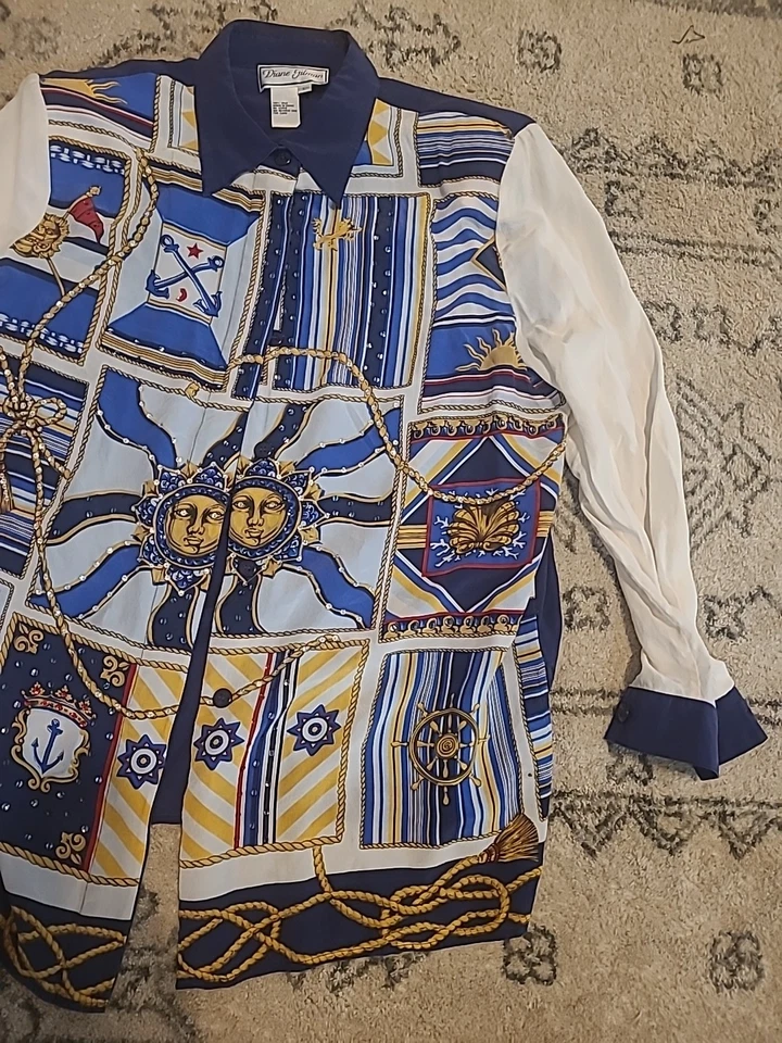 Блузка морская украшенная шелковыми морскими драгоценностями Diane Gilman 80-е 90-е с шейдерами подушечками - Изображение 3 из 4