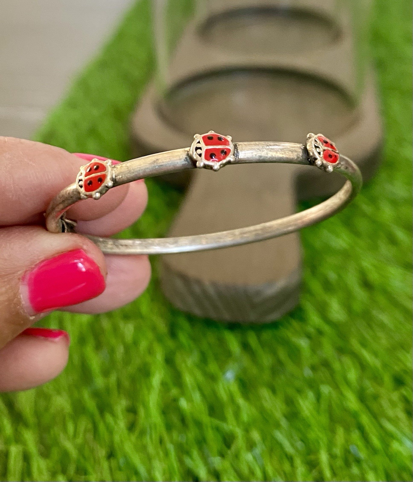 Child's Red Enamel Ladybug Bangle in Sterling Silver - 5.5