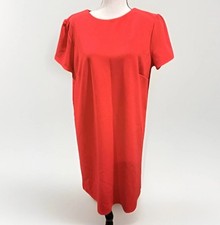 Women’s LG She+Sky Red Shift Dress Pleated Puff Sleeve Silver Button Lined NWT