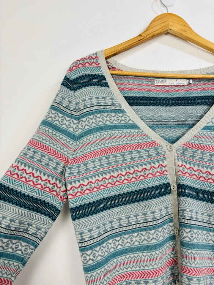 Seasalt Cardigan Women Size 14 Grey Teal Fair Isle Buttoned V Neck Wool Alpaca - Image 4 of 4