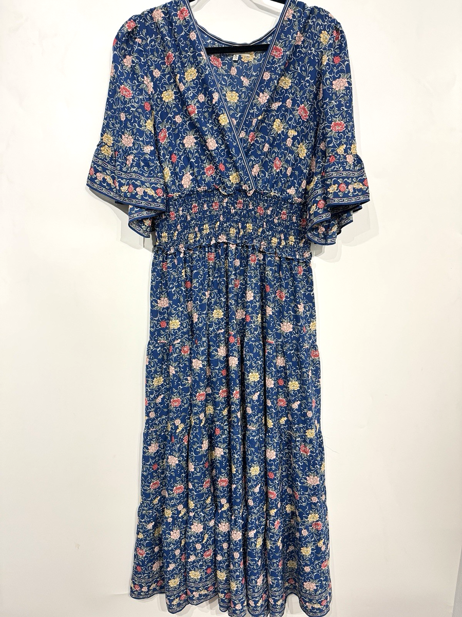 chinese dress ladies Max Studio Women's 3/4 Sleeve Tiered Maxi Dress, Blue Floral Paisley Band,  Small at Amazon Women's Clothing store main image 0
