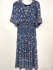 Max Studio Floral Smocked Maxi Dress Sz XL Blue Multi Romantic Cottage Boho