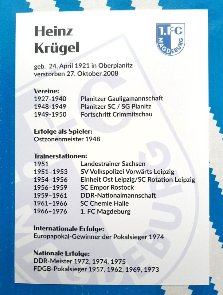 1974 Heinz KRÜGEL-1.FC MAGDEBURG EUROPAPOKALSIEGER🔵⚪🏆💙🤍2025 NICHT signiert ! - Bild 2 von 2