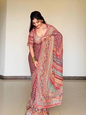 NEW Roman Silk Saree Real Mirror Work Positio...
