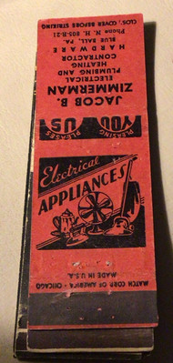 Jacob B. Zimmerman Electrical Plumbing Matchbook Blue Ball Pa Vintage Fan
