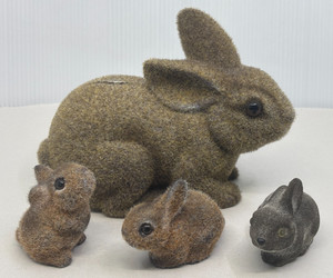 Flocked Mama Bunny Rabbit Bank with Stopper and 3 Baby Rabbits Easter Decor